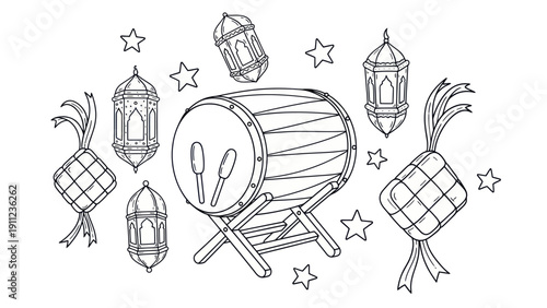 Ramadan Kareem celebration with traditional drum, lanterns, and ketupat.
