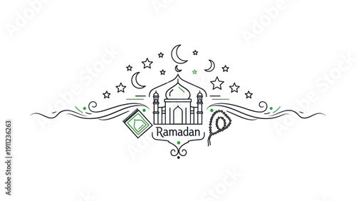 Ramadan Kareem Islamic Festival Celebration with Mosque and Crescent Moon.