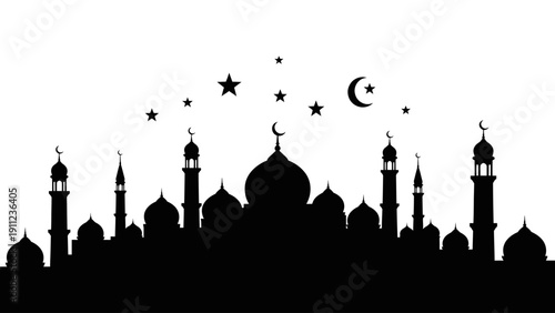 Silhouette of a grand mosque with minarets and domes under a starry sky.