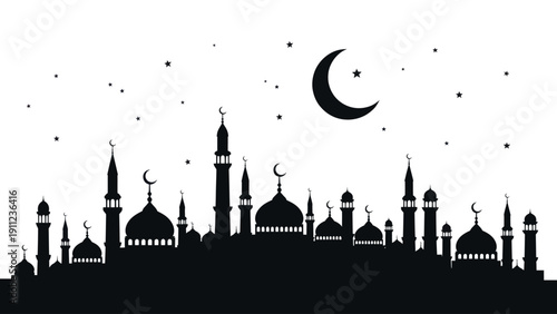 Silhouette of a mosque skyline with crescent moon and stars.