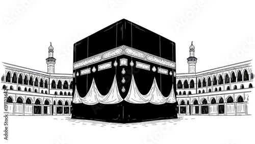 Sacred Kaaba in Mecca detailed hand drawn illustration.