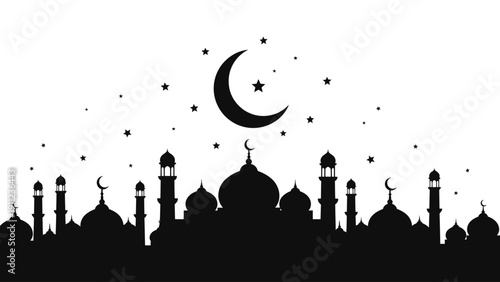 Silhouette of a mosque with crescent moon and stars.