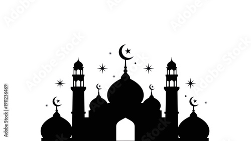 Silhouette of a mosque with minarets and crescent moons against a white background.