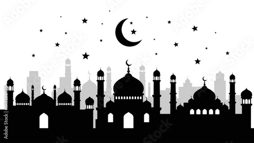 Silhouette of a mosque with minarets under a crescent moon and stars.