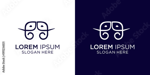 Elephant logo in the opposite direction with  slogan on white and dark blue backgrounds
