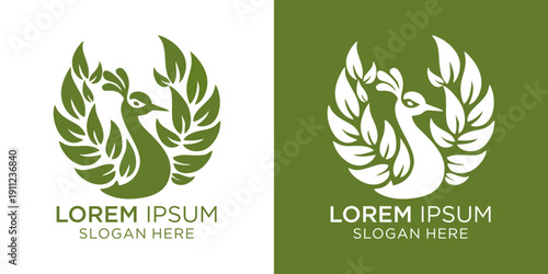 Peacock with leaf tail or sophisticated bird logodesign featuring stylized leaves on green and white backgrounds