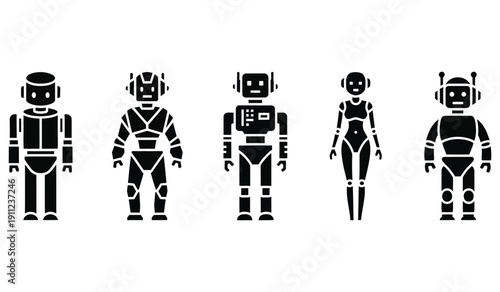 Collection of five distinct black robot icons showcasing diverse futuristic android and mechanical entity designs for technology and science concepts