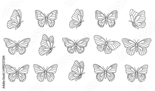 Collection of fifteen distinct black and white line art butterfly illustrations showing various flight poses and open wing designs ideal for tattoos or nature crafts