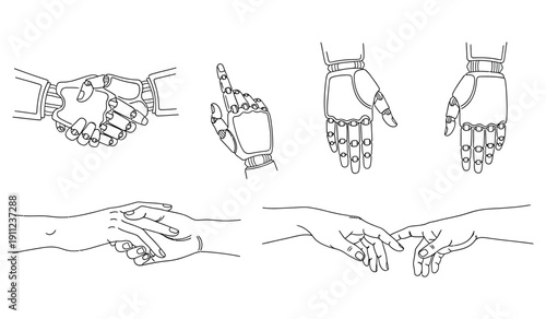 Collection of line art illustrations depicting hand gestures contrasting human connection with advanced robotic artificial intelligence technology and future concepts