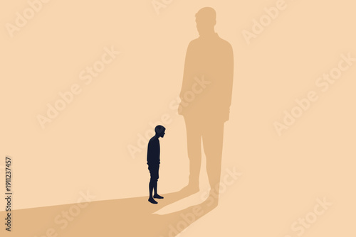 Scared boy afraid of giant father's shadow, fear of authority, parental trauma silhouette illustration