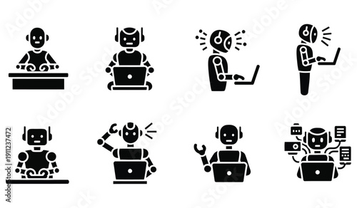 Collection of simple black and white glyph icons depicting various humanoid robots interacting with laptops in different poses and work situations
