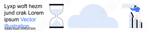 Time tracking, cloud computing, data analysis, business growth, digital solutions, information technology. Hourglass, cloud and person analyzing data charts. Time tracking and cloud computing