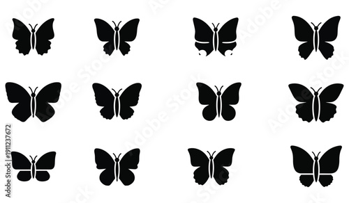 A collection of twelve distinct black and white butterfly icons displaying various stylized wing shapes for design projects