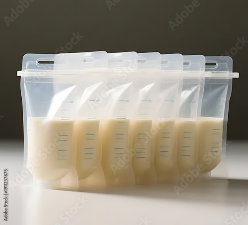 Set of breast milk storage bags neatly arranged, transparent material detail