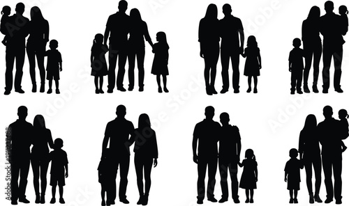 Family silhouette set, parents with children, family groups, togetherness theme - flat vector illustration