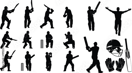 Cricket player silhouette set, batting, bowling, wicket keeping, fielding, celebrating, cricket equipment icons, helmet, gloves, bat - flat vector illustration