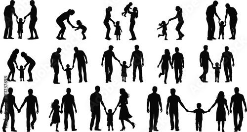 Family silhouette set, parents with children, playing, walking, lifting, bonding, caregiving, diverse family dynamics theme - flat vector illustration