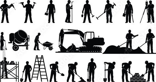 Construction worker silhouette set, building tasks, hammer, drill, shovel, cement mixer, excavator, scaffolding, tools, industry theme - flat vector illustration