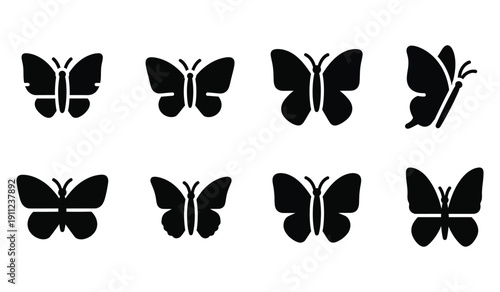 Collection of eight unique black silhouette icons representing various stylized butterfly shapes perfect for nature based graphic design projects and insect illustrations