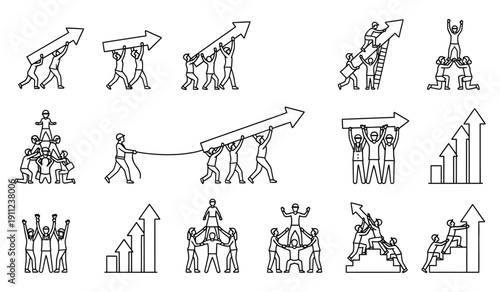 Collection of diverse business teamwork icons illustrating collaborative effort in achieving upward growth milestones and shared success direction