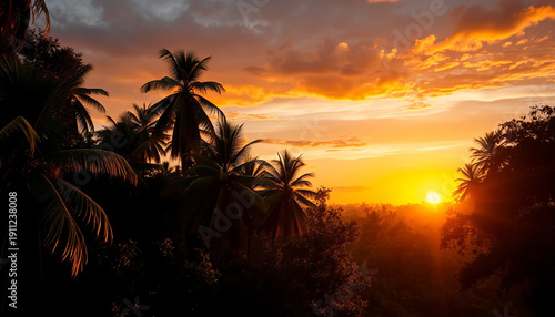 Warm golden glow over jungle trees
