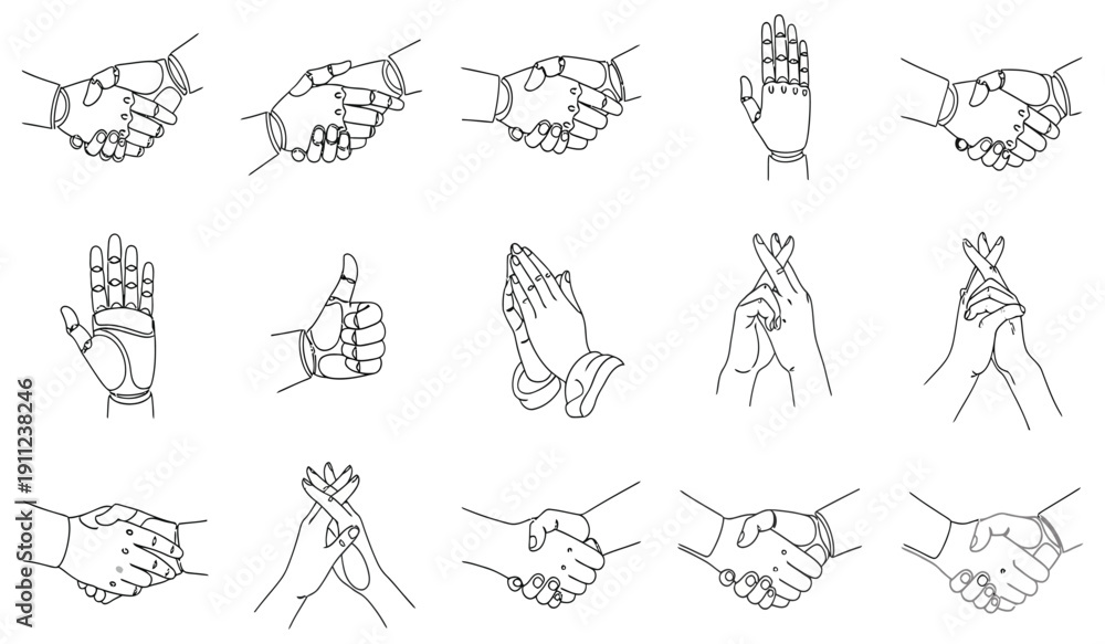 Fototapeta premium Collection of line art icons depicting various human and robotic hand gestures including agreements, greetings, and expressions of support or prayer.