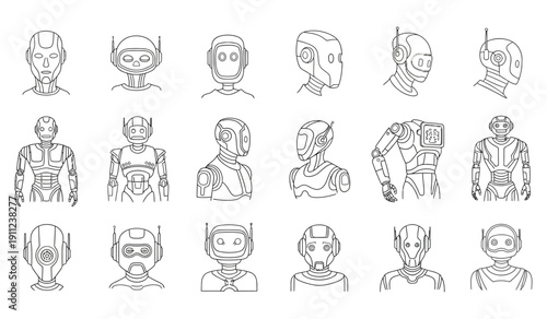 Collection of futuristic robot and android avatars displayed in a versatile outline drawing set showcasing various technological artificial intelligence designs.