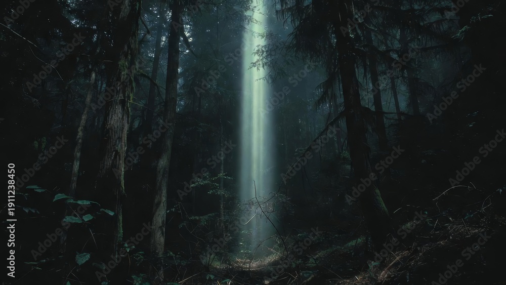 Fototapeta premium A bright, ethereal beam of light pierces the darkness of a dense, ancient forest at night.