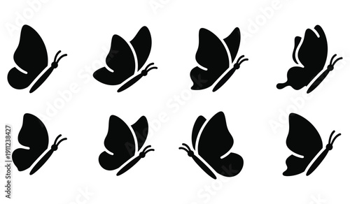 Set of eight black silhouette icons depicting various stylized butterfly flight positions perfect for graphic design projects and nature illustration.