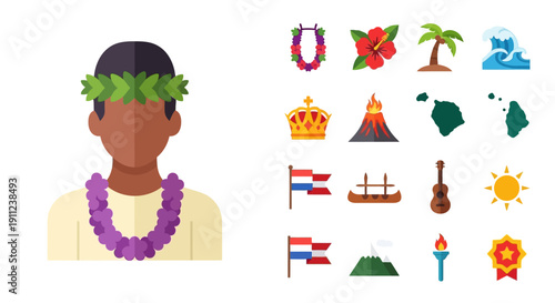 Illustration of a man wearing a lei and a collection of Hawaiian-themed icons including a volcano, islands, and a ukulele.