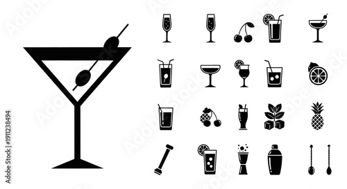Collection of cocktail icons and illustrations, featuring martini glasses, various drinks, garnishes, and bar tools, presented in a clean, minimalist black and white style.