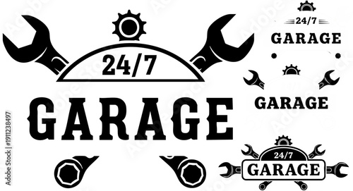Black and white vector garage service logo set with wrenches, gear, 24/7 text, auto repair shop branding elements, isolated on white