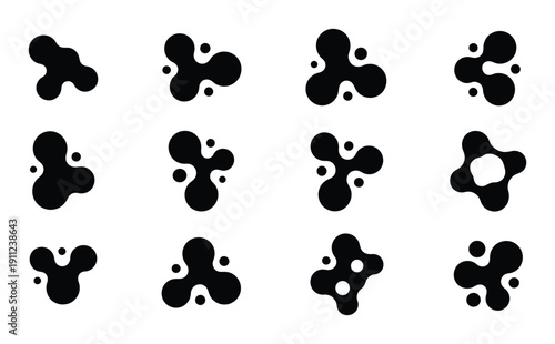 Black fluid shape abstract blob modern graphic element set for design isolated on transparent backdrop