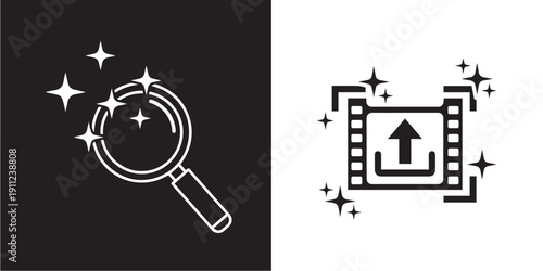 This vector set features professional icons for audio production, data analysis, and media optimization, including microphones, sound waves, magnifying glasses, and tools for high-quality editing.