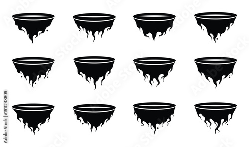 Collection of black cauldrons with drips ideal for halloween designs exactly one hundred length