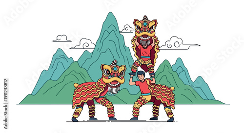 Illustration of a lion dance performance with two lion costumes and a dancer in front of a stylized mountain range with green peaks and white clouds on a white background.