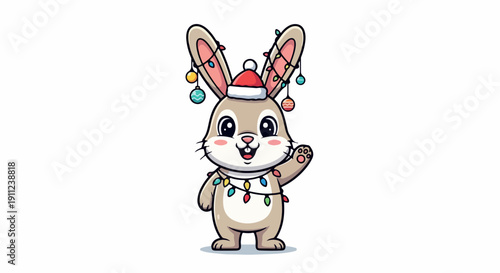 A cartoon bunny wearing a Santa hat and colorful lights around its neck, waving with a cheerful expression on a plain white background.