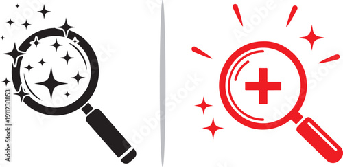 Clean vector icons featuring a sparkling black magnifying glass and a vibrant red magnifying glass with a plus sign, representing high-quality search, discovery, and zooming capabilities.