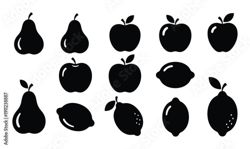 Collection of fruit silhouette style apple pear lemon icons on an isolated background
