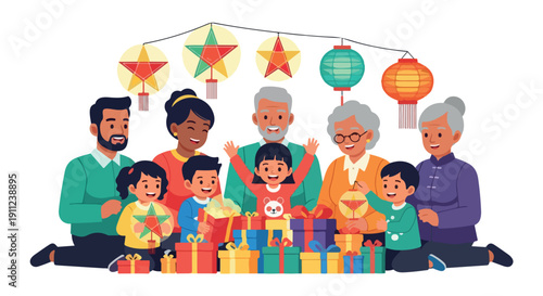 Multigenerational family sitting with gifts and colorful lanterns on white background with joyful mood.