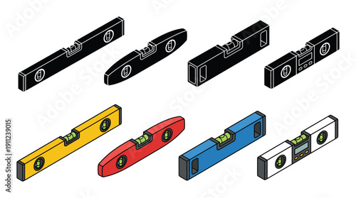 Construction spirit level tool silhouette and isometric vector isolated on transparent background