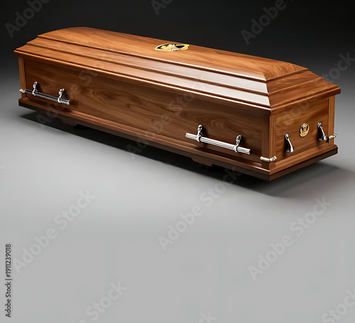 Traditional military burial coffin with polished oak surface and service insignia