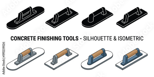 Concrete finishing tools silhouette and isometric vector isolated on transparent background