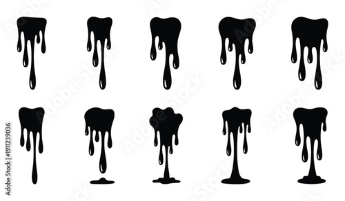 Different types of black liquid drips abstract shape designs for halloween exactly one hundred