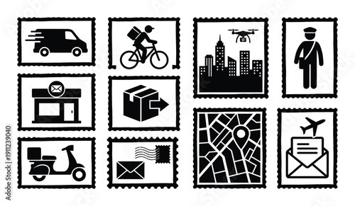 Delivery services symbol silhouette vector shapes set in postal stamp frame isolated background