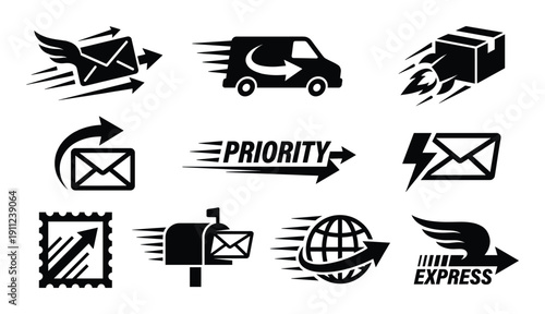 Fast delivery express icons with winged letter mailbox and globe for mail and shipping service