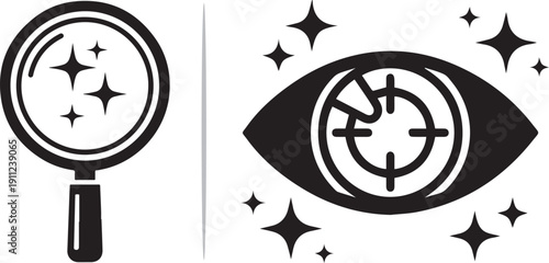 Clean black vector icons featuring a magnifying glass with sparkling glints and an eye with a targeting reticle, symbolizing focused inspection, visual analysis, and precise discovery.