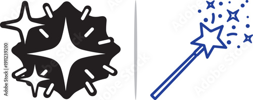 Clean vector icons featuring a bold black splash with sparkling stars and a blue line-art magic wand casting a trail of stars, symbolizing enchantment, success, and creative transformation.