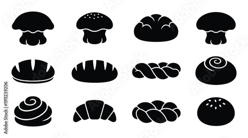 Set of bakery bread pastry vector silhouette illustration in flat style design