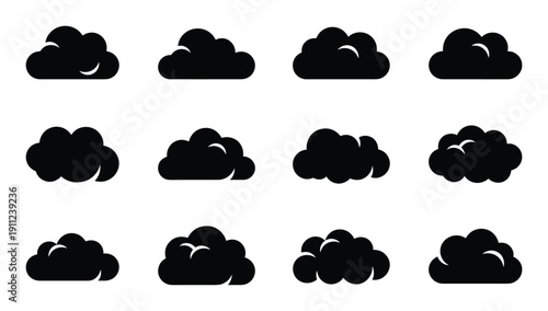 Set of black clouds with different shapes weather forecasts exactly one hundred character limit